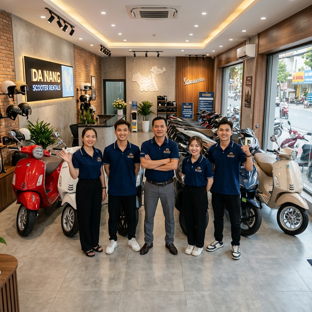 Friendly Da Nang Bike local showroom crew and scooters fleet