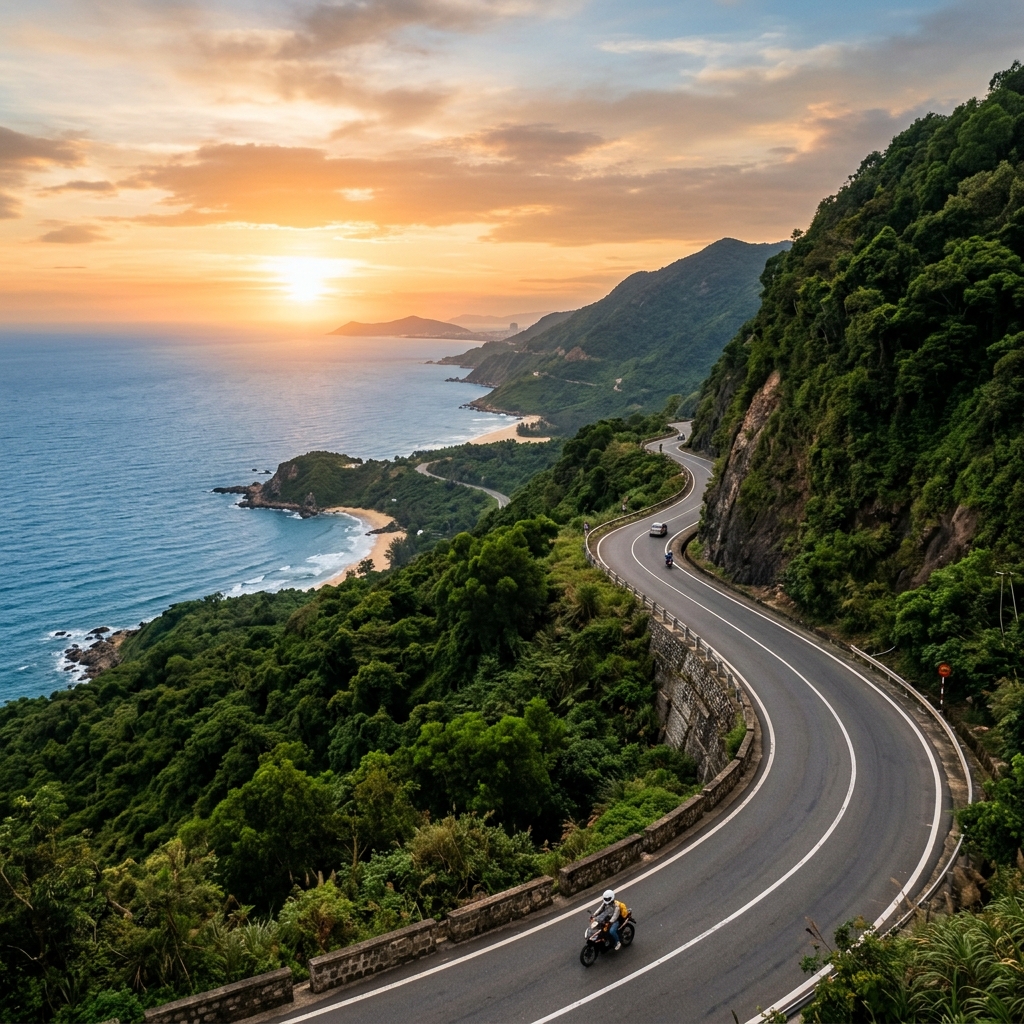 Hai Van Pass road winding along sea cliffs